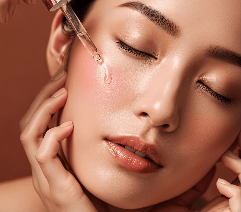 Imagem ilustrativa do artigo “Melasma tem cura? O que o tratamento consegue”. Sérum aplicado com conta-gotas no rosto, de olhos fechados.